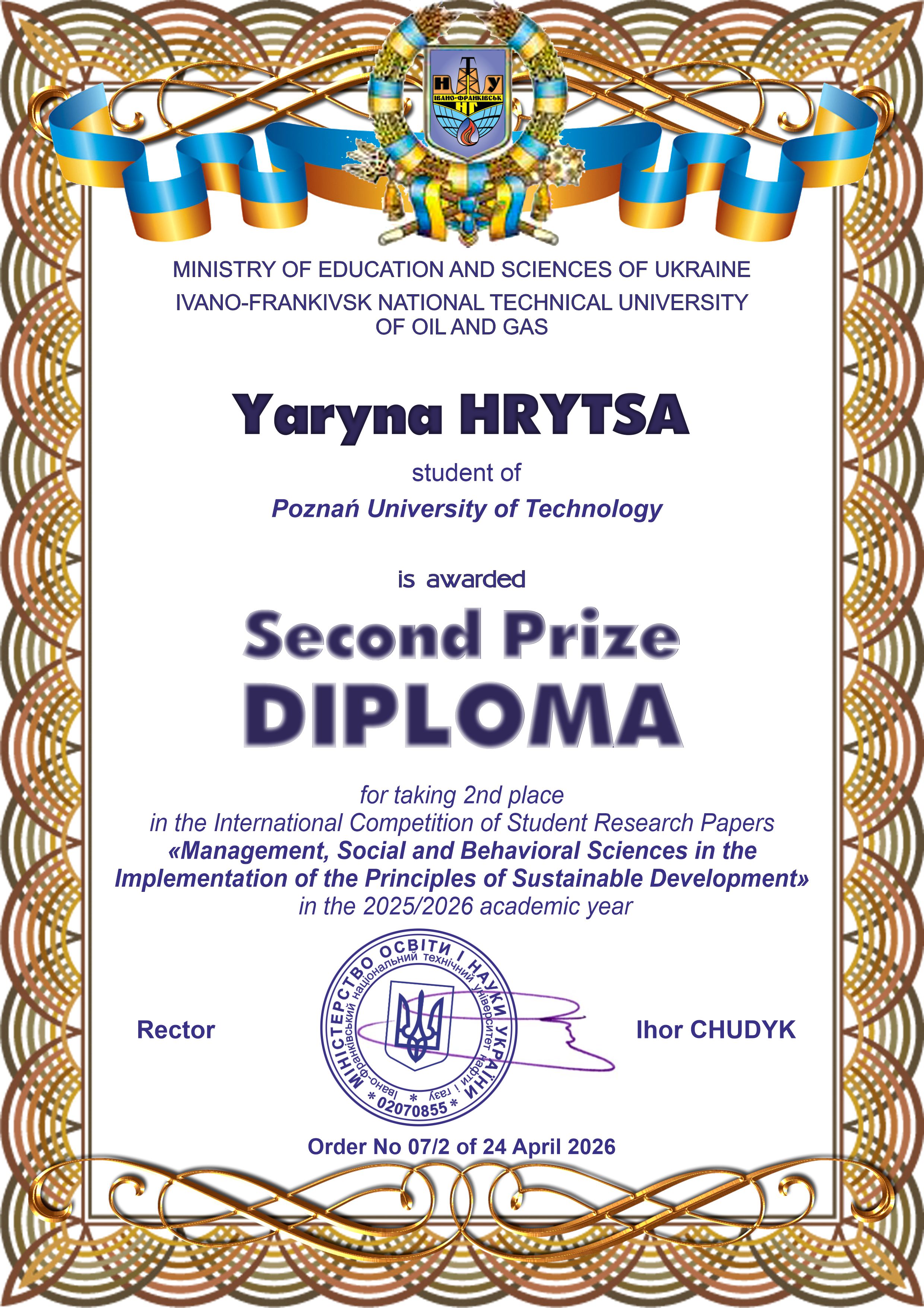 Dyplom uznania dla studentki Yaryny Hrytsy
