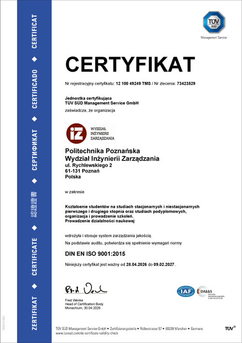 Dokument potwierdzający przyznanie certyfikatu DIN EN ISO 9001:2015 dla Wydziału Inżynierii Zarządzania Politeechniki Poznańskiej
