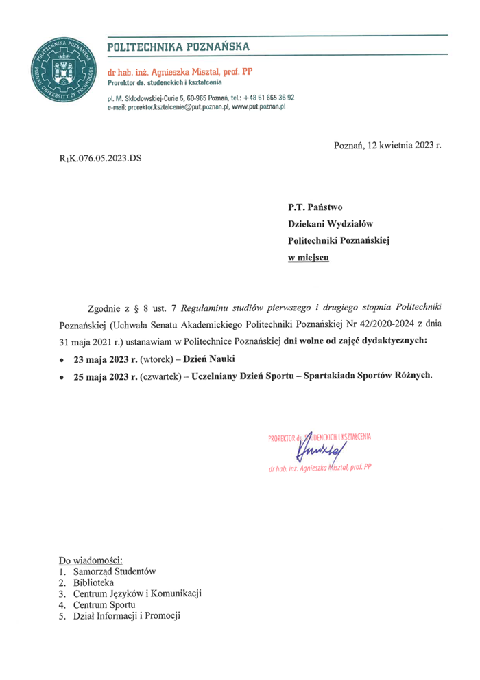 Oficjalne pismo dr hab. Agnieszki Misztal w sprawie ustanowienia 23 i 25 maja dniami wolnymi od zajęć dydaktycznych