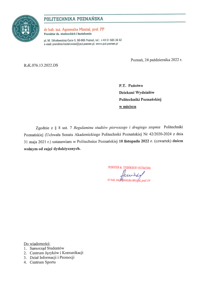 Oficjalne pismo dr hab. Agnieszki Misztal w sprawie ustanowienia 10 listopada dniem wolnym od zajęć dydaktycznych