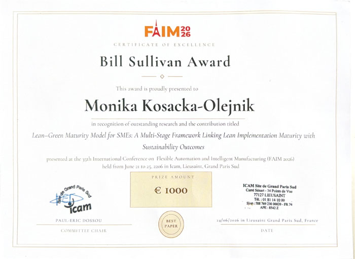 dyplom informujący o przyznaniu nagrody Sullivan Best Paper Award