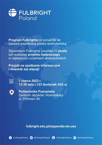 Plakat promujący spotkanie z przedstawicielem Fulbright Polska