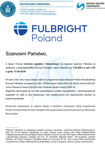 Oficjalne zaproszeni na spotkanie z przedstawicielem Fulbright Polska