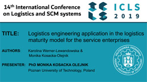 Pierwsza strona prezentacji Karoliny Werner-Lewandowskiej i Moniki Kosackiej-Olejnik "Logistics engineering application in the logistics maturity model for the service enterprises"