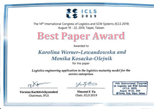 Zdjęcie dyplomu "Best Paper Award" dla Karoliny Werner-Lewandowskiej i Moniki Kosackiej-Olejnik
