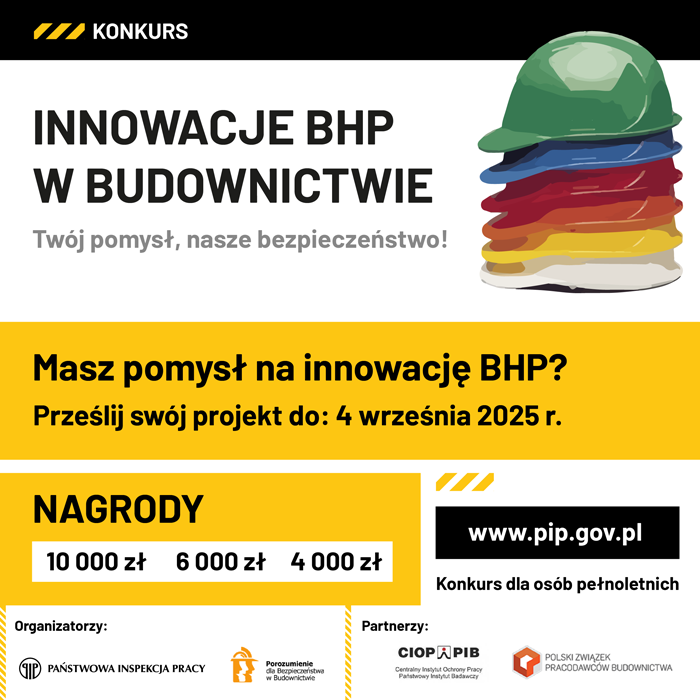 Plakat promujący konkurs „Innowacje bhp w budownictwie”