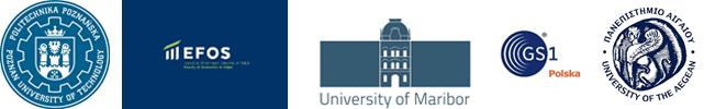 Loga partnerów Global Standards to Sustainable Supply Chains. Od lewej Politechnika Poznańska, Josip Juraj Strossmayer University of Osijek,  University of Maribor, Fundacja GS1 Polska, University of the Aegean