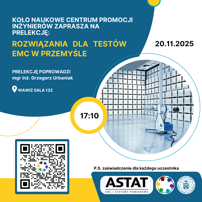 Plakat promujący prelekcję "Rozwiązania dla testów EMC w przemyśle"