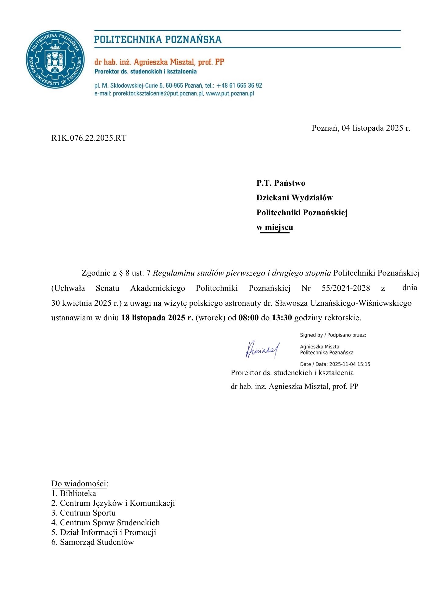 komunikat dot. godzin rektorskich