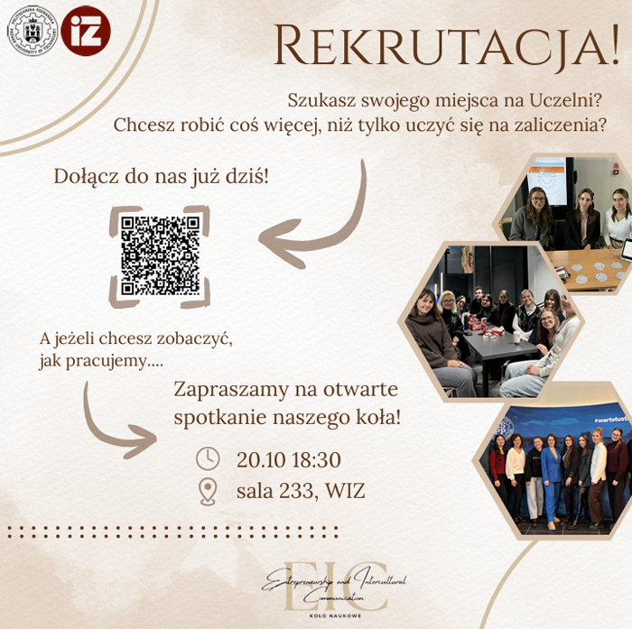 Plakat promujący rekrutację do koła studenckiego Entrepreneurship and Cultural Communication