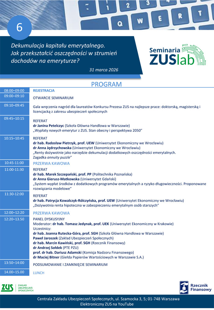 Plakat promujący seminarium ZUSlab pod tytułem Dekumulacja kapitału emerytalnego. Jak przedształcić oszczędności w strumień dochodów na emeryturze?. Plakat zawiera też program spotkania