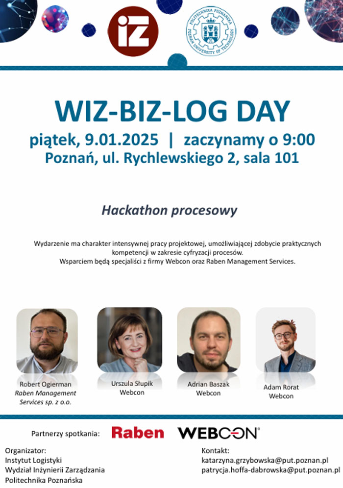 Plakat promujący Hackathon procesowy w ramach WIZ-BIZ-LOG DAY zorganizowanego w dniu 9 stycznia 2025 roku