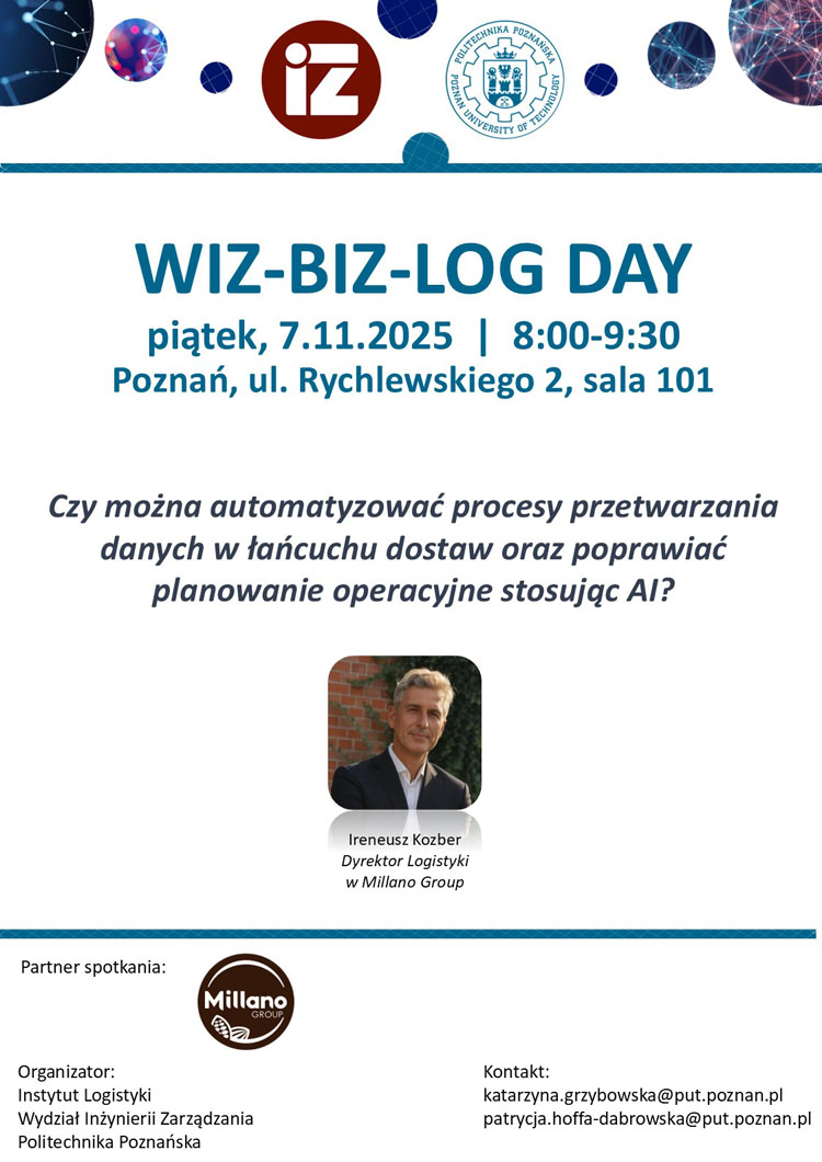 Plakat promujący wydarzenie z serii WIZ-BIZ LOG DAY, które odbędzie się 7.11.2025 w sali 101