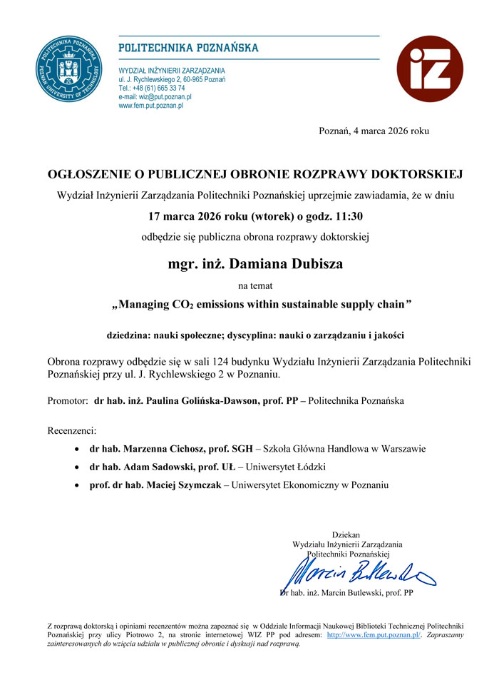 Ogłoszenie o publicznej obronie mgr. inż. Damiana Dubisza