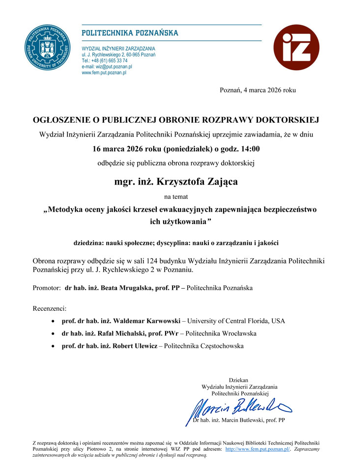 ogłoszenie o obronie mgr. inż. Krzysztofa Zajaca