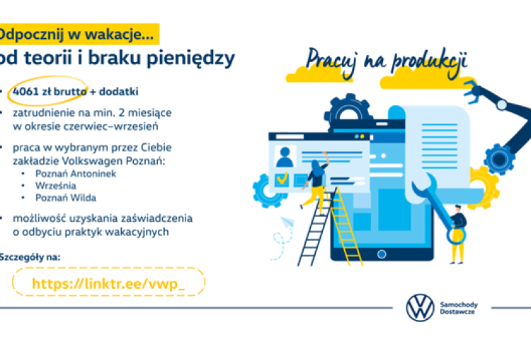 Plakat promujący pracę wakacyjną w Volkswagen Poznań
