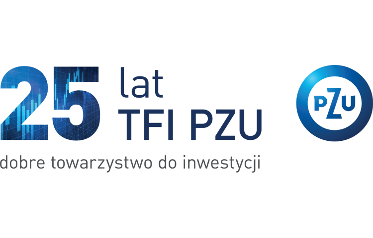 Na białym tle napis 25 lat TFI PZU, z prawej strony logu PZU. Wszystko w odcieniach niebieskich