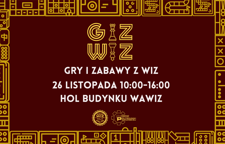 Promotional graphic for the event "Gry i zabawy z WIZ 26 listopada 10:00-16:00 Hol budynku WAWIZ"