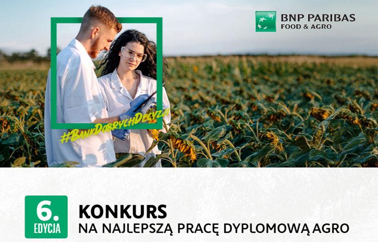 Kafelek kobieta i mężczyzna na polu słoneczników przeglądają tablet,  w górnym prawym rogu jest logo BNP PARIBAS FOOD&AGRO. Pod spodem na białym tle napis 6. edycja, Konkurs na najlepszą pracę dyplomową agro.