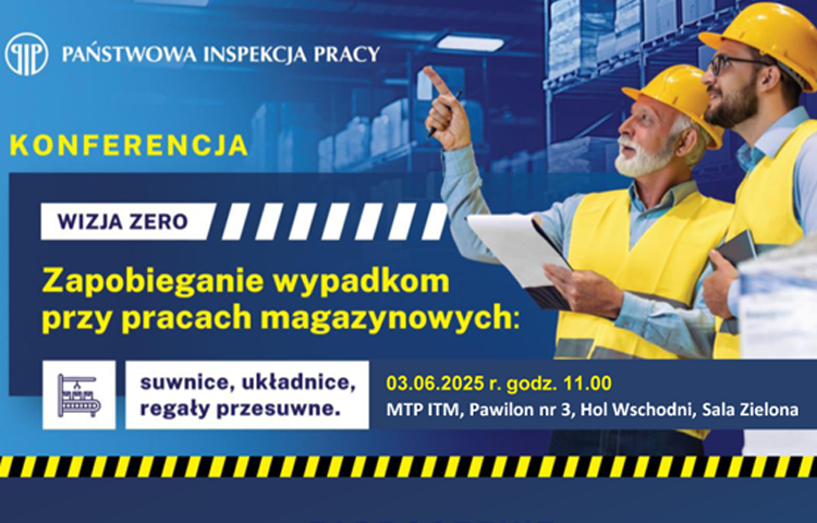 Kafelek informujący o zaproszeniu na konferencję Państwowej Inspekcji Pracy "Zapobieganie wypadkom przy pracach magazynowych""