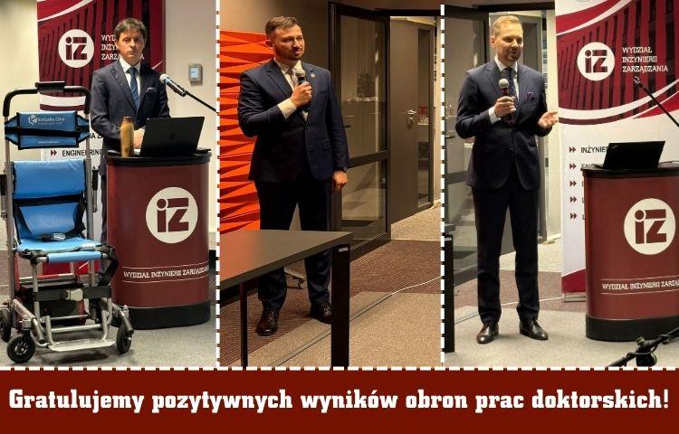 Grafika przedstawiająca wizerunek trzech nowych doktorów WIZ: Krzysztofa Zająca, Damiana Dubisza oraz Andrzeja Migasa