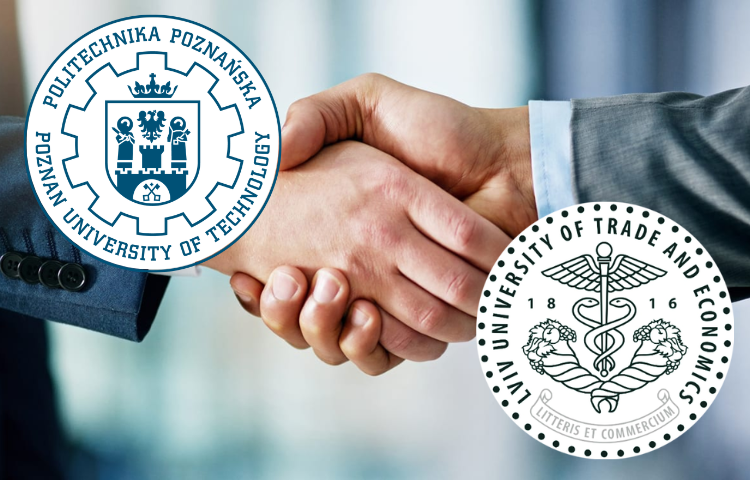 na zdjęciu uścisk dłoni po lewej stronie logo Politechniki Poznańskiej po prawej logo Uniwersytetu Handlu i Ekonomii we Lwowie