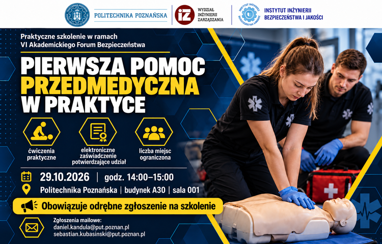 Plakat promujący szkolenie pierwszej pomocy w czasie trwania VI Akademickiego Forum Bezpieczeństwa