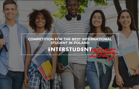 A photo of a group of 5 students from different countries, with a framed inscription in the middle "Competition for the best foreign student in Poland 2025, Interstudent 2025"