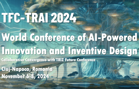 Plakat promujący konferencję TFC-TRAI 2024 World Conference of AI-Powered Innovation and Inventive Design w Cluj-Napoca w Rumunii