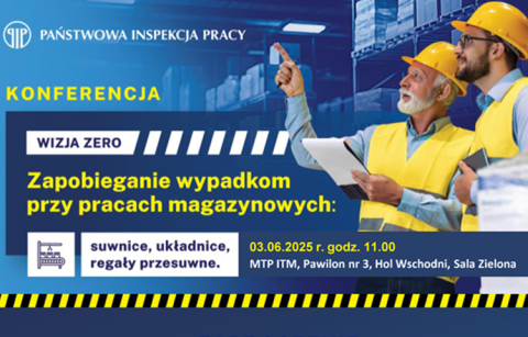 Kafelek informujący o zaproszeniu na konferencję Państwowej Inspekcji Pracy "Zapobieganie wypadkom przy pracach magazynowych""