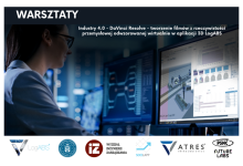 Plakat promujący warsztat "Industry 4.0 – DaVinci Resolve – tworzenie filmów z rzeczywistości przemysłowej odwzorowanej wirtualnie w aplikacji 3D LogABS"